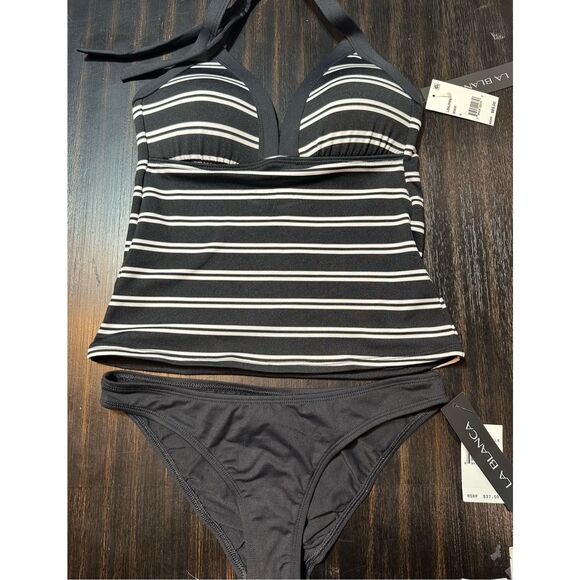 La Blanca NWT set size 4 tankini top & black bottoms striped black and white - Picture 2 of 15